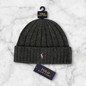 Polo Ralph Lauren Mens Signature Cuffed Beanie Ribbed Dark Gray NWT